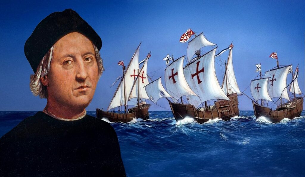 En la foto, Cristóbal Colón y las carabelas