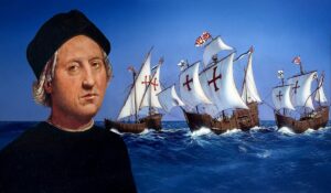 En la foto, Cristóbal Colón y las carabelas