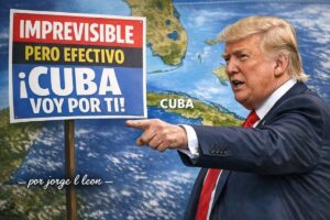 En la foto, Trump ante un mapa en el que apunta a Cuba