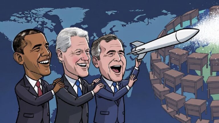 En la foto, una imagen de presidentes anteriores a Trump que pidieron dinero para guerras