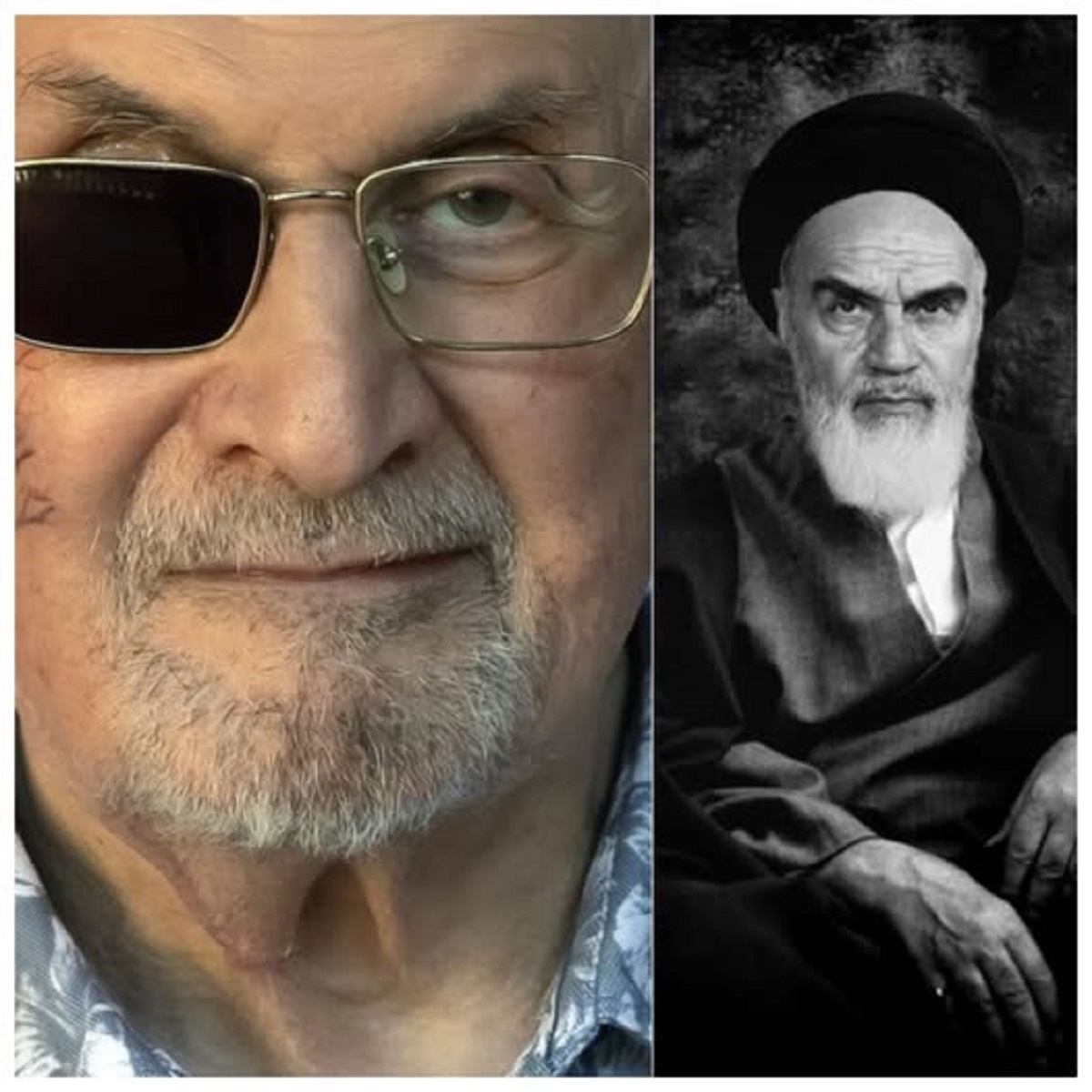 En la foto, el escritor Salman Rushdie y el ayatolá Ruhollah Jomeini