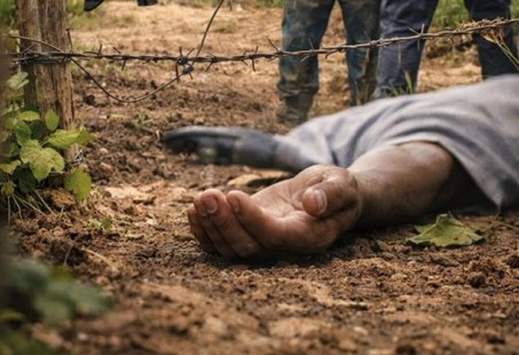 En la foto, un hombre muerto en un campo