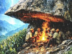 En la foto, unos hombres hacen fuego debajo de una piedra un día de lluvia