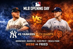 En la foto, cartel que anuncia el partido entre Giants y Yankees