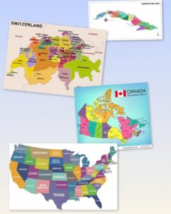 En la foto, mapas políticos de Cuba, Suiza, EEUU y Canadá