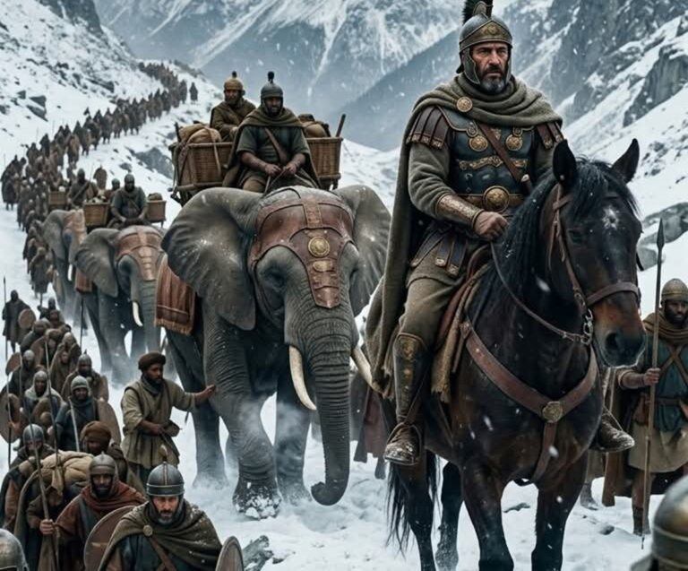 En la foto, una imagen de AI en la que se ve a Aníbal y sus tropas en el cruce de los Alpes para atacar a Roma