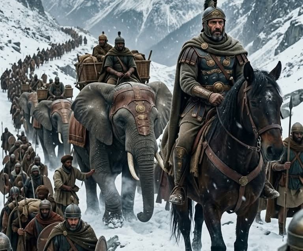 En la foto, una imagen de AI en la que se ve a Aníbal y sus tropas en el cruce de los Alpes para atacar a Roma