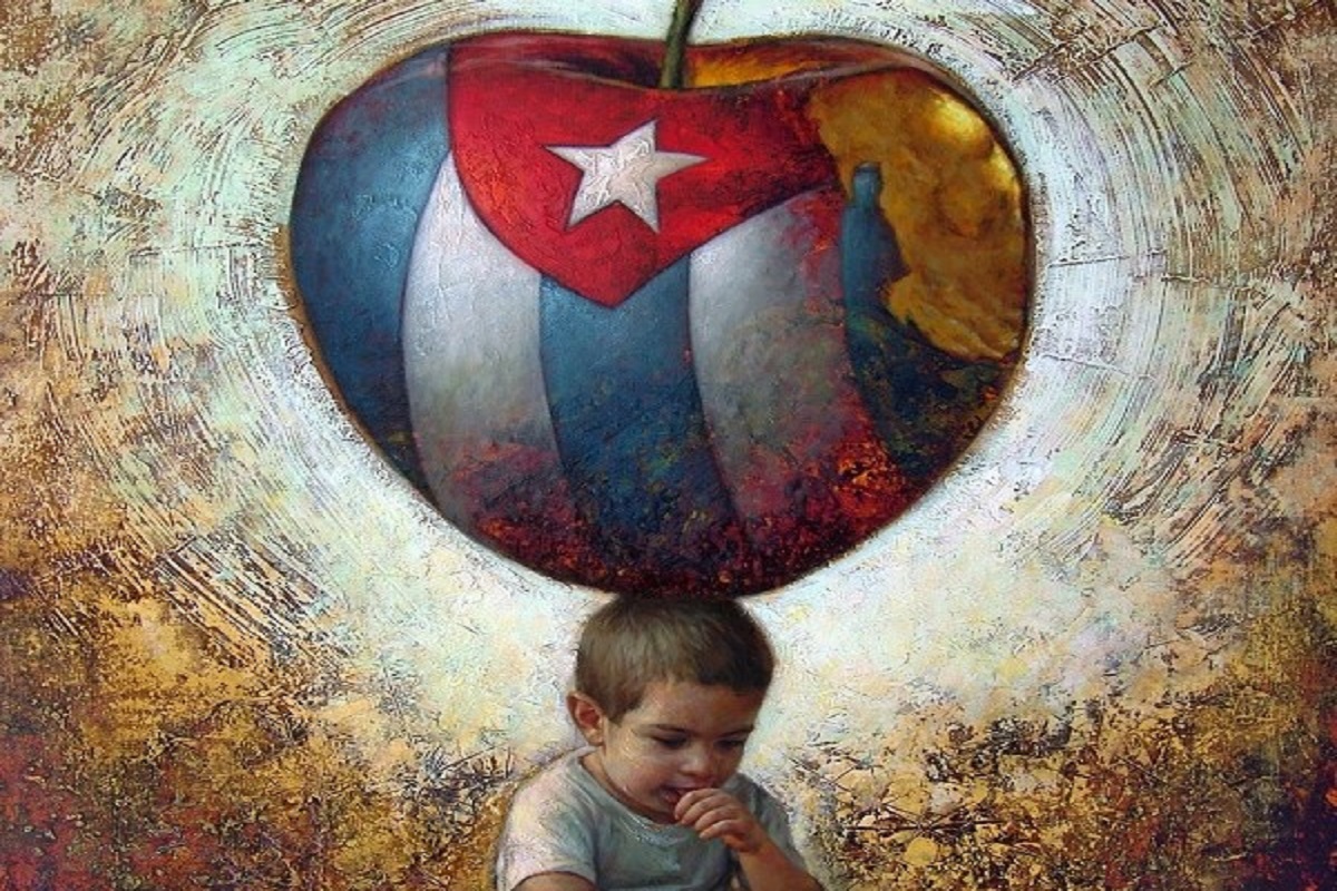 En la foto, un niño cubano sostiene una manzana en su cabeza