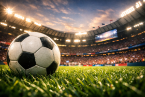 Balón de fútbol sobre césped visto desde un ángulo bajo y amplio, con el estadio lleno y luces encendidas al fondo en contrapicado.