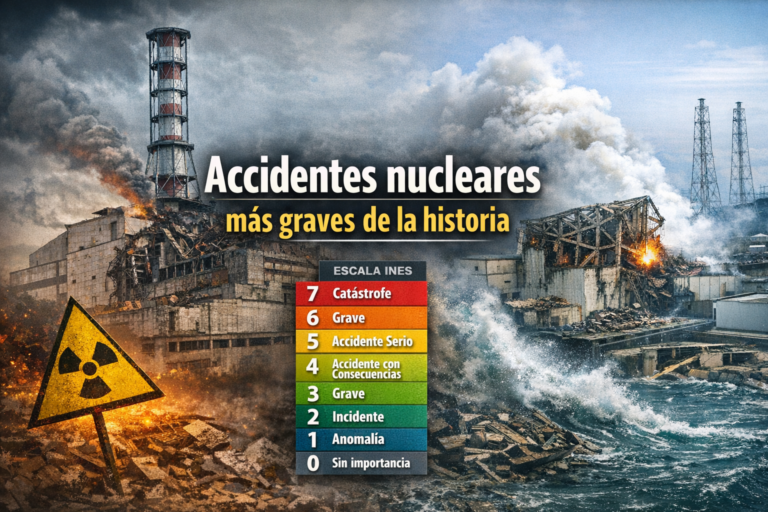 accidentes nucleares más graves de la historia ilustración con Chernóbil, Fukushima y escala INES mostrando niveles de gravedad y destrucción en centrales nucleares