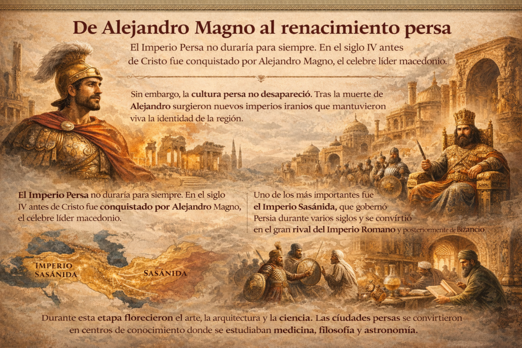 Infografía de la historia de Irán desde la conquista de Alejandro Magno hasta el Imperio Sasánida y el renacimiento de la civilización persa