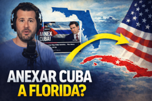 Steven Crowder comentando en YouTube la teoría de anexar Cuba a Florida, con mapa del Caribe mostrando Cuba, Florida y una flecha que simboliza la integración propuesta.