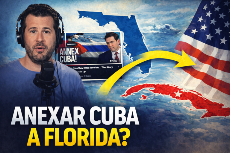 Steven Crowder comentando en YouTube la teoría de anexar Cuba a Florida, con mapa del Caribe mostrando Cuba, Florida y una flecha que simboliza la integración propuesta.