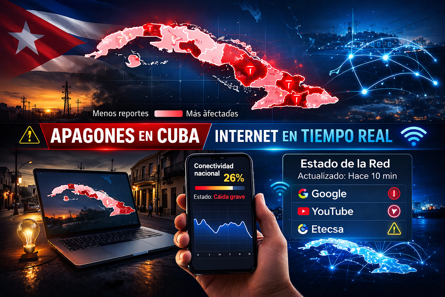 Mapa de apagones e internet en Cuba hoy con indicador de conectividad en tiempo real y provincias afectadas