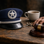 Gorra policial cubana y mazo de juez sobre una mesa de madera desgastada junto a una taza de café y unas llaves, simbolizando la responsabilidad de obedecer órdenes en Cuba.