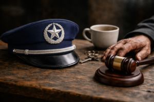 Gorra policial cubana y mazo de juez sobre una mesa de madera desgastada junto a una taza de café y unas llaves, simbolizando la responsabilidad de obedecer órdenes en Cuba.