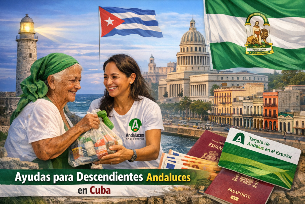 Un Puente de Esperanza: Ayudas Andaluzas para los Hijos de la Emigración en Cuba 4 Ayuda humanitaria para descendientes andaluces en Cuba, con voluntaria entregando alimentos a una mujer mayor frente a un paisaje de La Habana y banderas de Cuba y Andalucía.