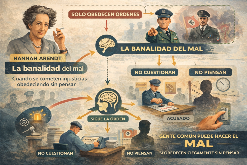 Infografía sobre Hannah Arendt y la banalidad del mal que muestra cómo en la Alemania nazi personas comunes obedecían órdenes dentro de un sistema autoritario sin cuestionar su responsabilidad moral.