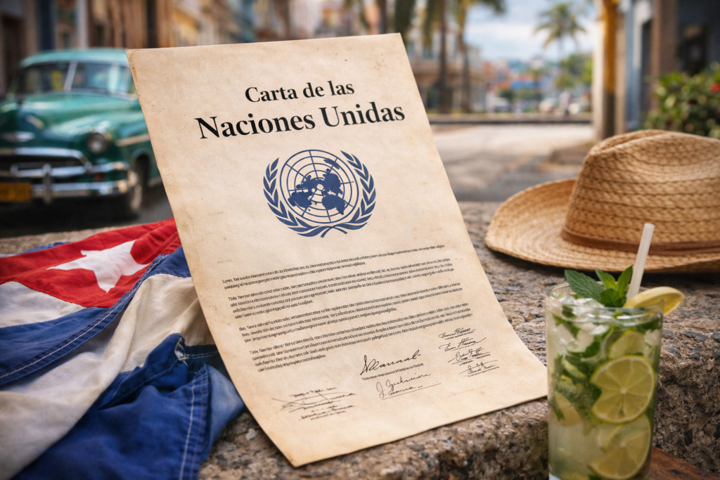 Documento de la Carta de las Naciones Unidas sobre una mesa en contexto cubano, con bandera de Cuba y elementos típicos, representando los derechos humanos en la isla