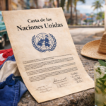 Documento de la Carta de las Naciones Unidas sobre una mesa en contexto cubano, con bandera de Cuba y elementos típicos, representando los derechos humanos en la isla
