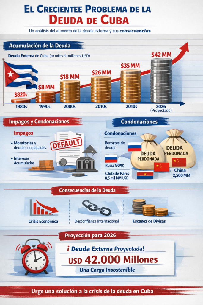 Infografía sobre la deuda externa de Cuba mostrando su crecimiento histórico, impagos, condonaciones por países, consecuencias económicas y proyección hasta 2026 con una carga financiera insostenible