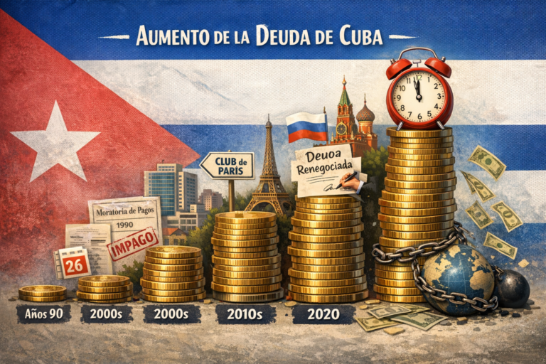 Aumento de la deuda de Cuba representado con pilas de monedas crecientes por décadas, mostrando impagos, condonaciones y carga financiera acumulada hasta 2026