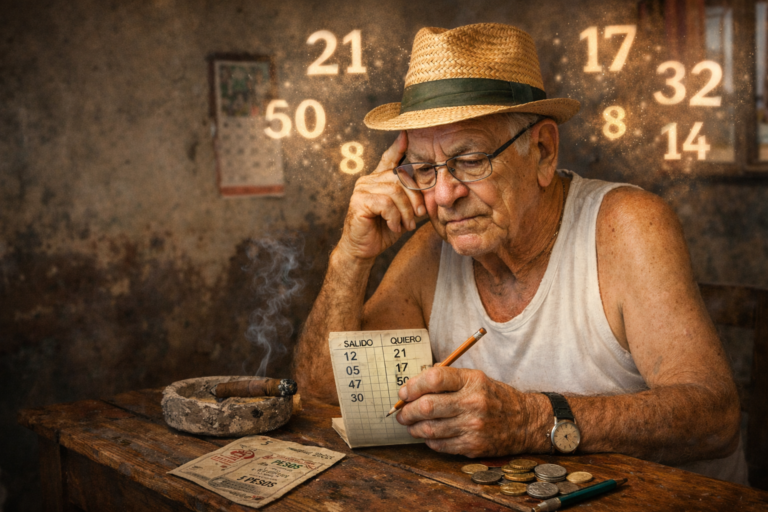Viejo cubano sentado en su mesa pensando qué números jugar en la charada cubana, con una libreta, monedas y números flotando sobre su cabeza.