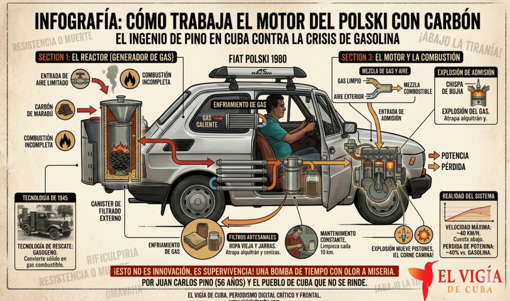 Infografía de El Vigía de Cuba que detalla el funcionamiento del gasógeno en el Fiat Polski modificado por Juan Carlos Pino, un coche que funciona con carbón de marabú debido a la crisis de combustible en Cuba.