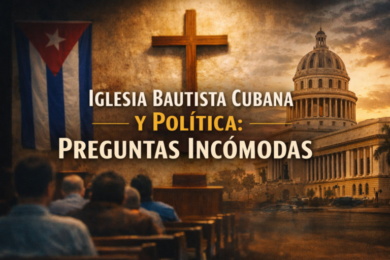 Iglesia cristiana en Cuba con cruz, bandera cubana y el Capitolio de La Habana, representando el debate sobre la posición de la iglesia bautista cubana frente a la política y la voz del creyente.