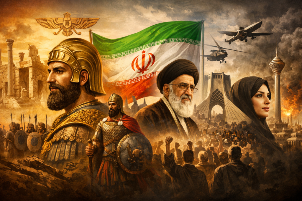 Ilustración de la historia de Irán desde Ciro el Grande y el Imperio Persa hasta el Irán moderno con Persépolis, la bandera iraní y la sociedad actual