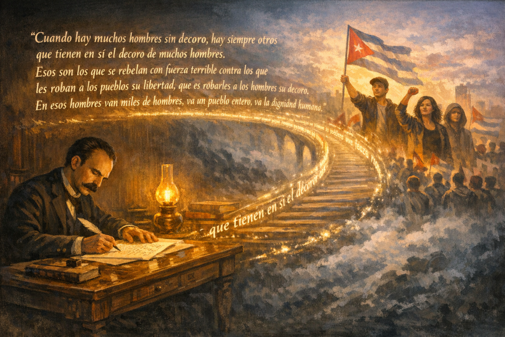 Ilustración horizontal de José Martí escribiendo en el siglo XIX a la luz de una lámpara, mientras sus palabras sobre el decoro y la libertad conectan con generaciones futuras de cubanos que luchan por la dignidad y la libertad del pueblo.