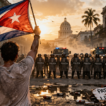 manifestación por la libertad en Cuba con ciudadano frente a la policía