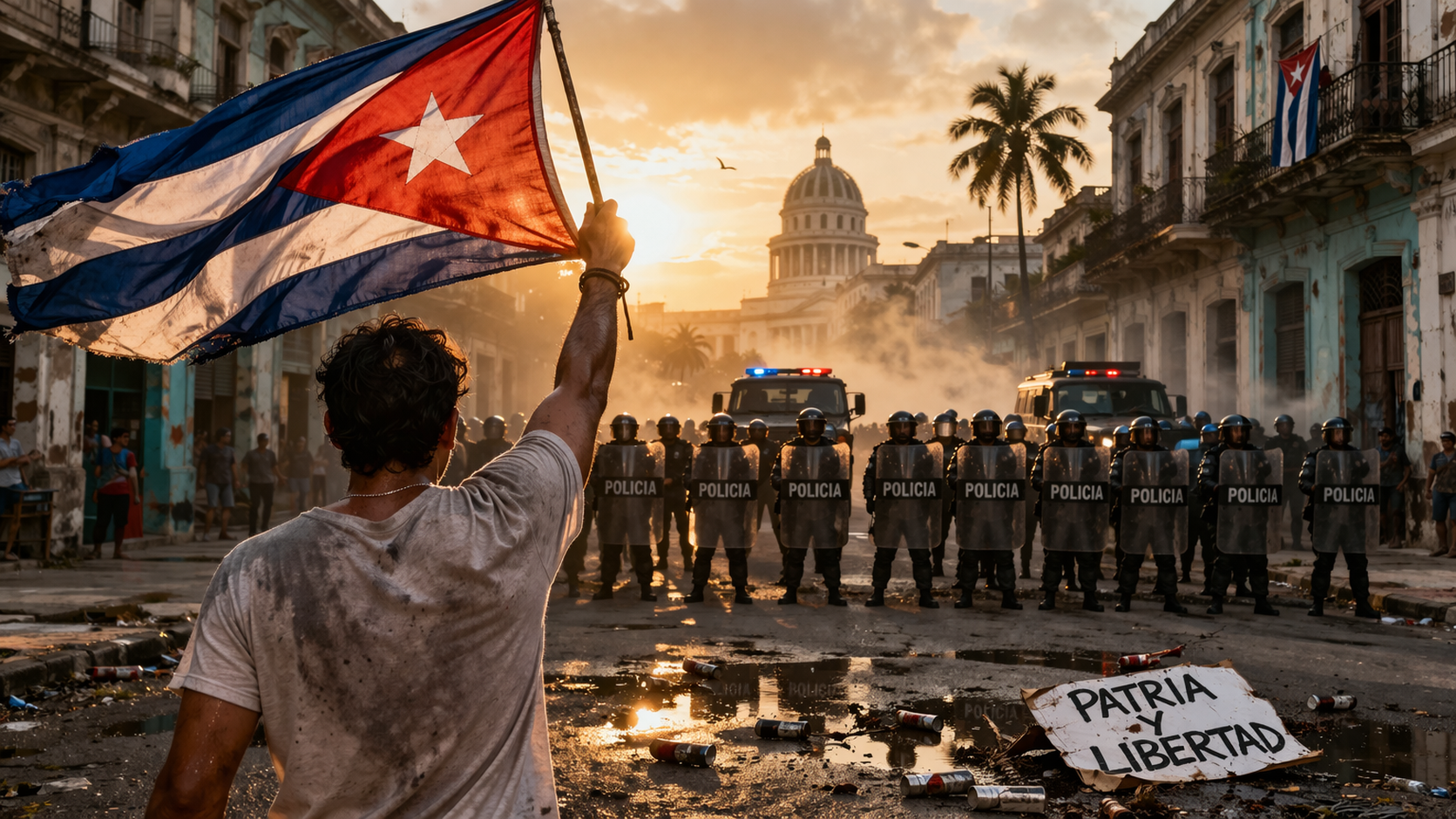manifestación por la libertad en Cuba con ciudadano frente a la policía