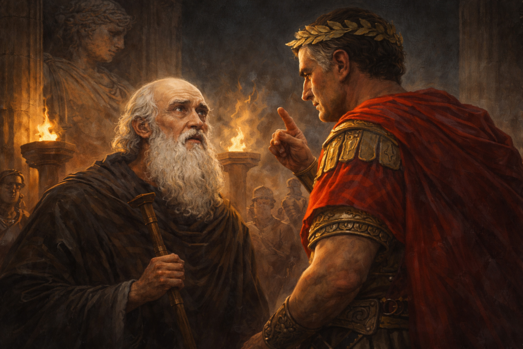 Policarpo de Esmirna frente a un procónsul romano negándose a renunciar a su fe antes de su martirio en el siglo II.