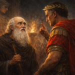 Policarpo de Esmirna frente a un procónsul romano negándose a renunciar a su fe antes de su martirio en el siglo II.