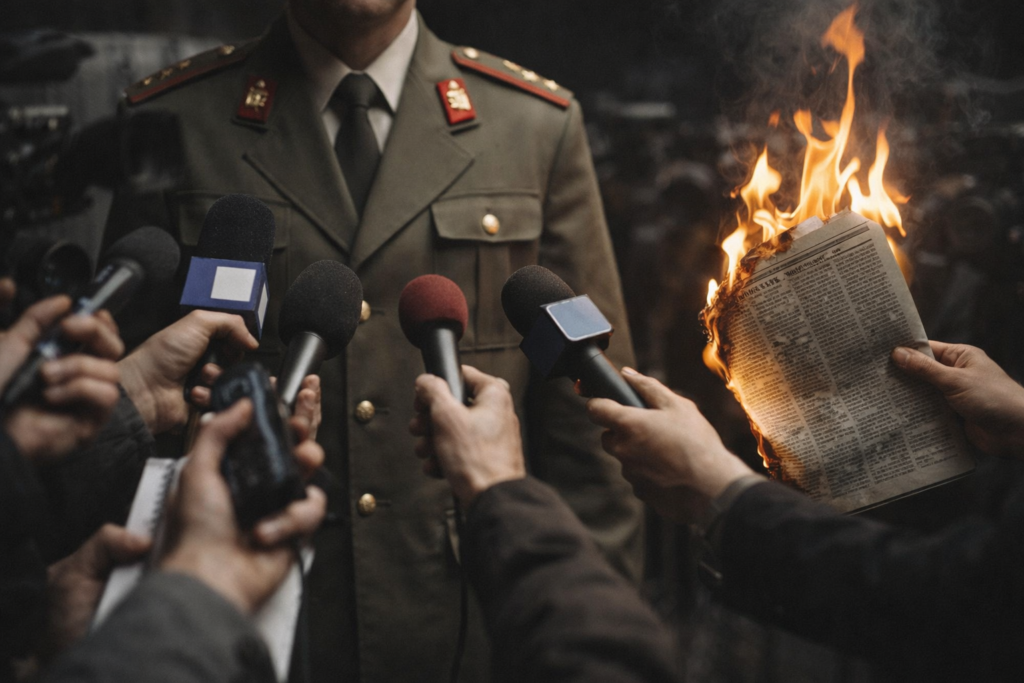 Dictador frente a micrófonos mientras un periódico arde en llamas, simbolizando la censura y el miedo de los regímenes autoritarios a la prensa libre.