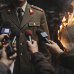 Dictador frente a micrófonos mientras un periódico arde en llamas, simbolizando la censura y el miedo de los regímenes autoritarios a la prensa libre.