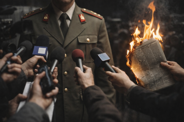 Dictador frente a micrófonos mientras un periódico arde en llamas, simbolizando la censura y el miedo de los regímenes autoritarios a la prensa libre.