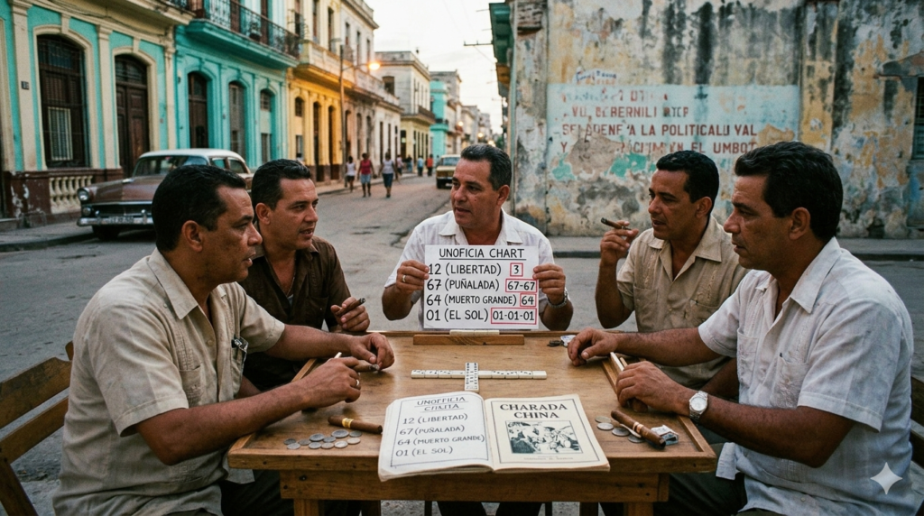 Cubanos en La Habana debatiendo números de la Charada y bolita: 12 (Libertad), 67 (Puñalada), 64 (Muerto Grande) y 01 (El Sol), sobre una mesa de dominó en la calle al atardecer.