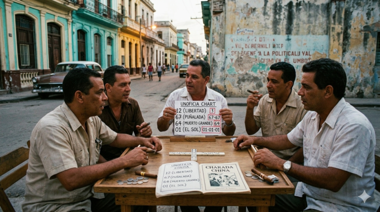 Cubanos en La Habana debatiendo números de la Charada y bolita: 12 (Libertad), 67 (Puñalada), 64 (Muerto Grande) y 01 (El Sol), sobre una mesa de dominó en la calle al atardecer.