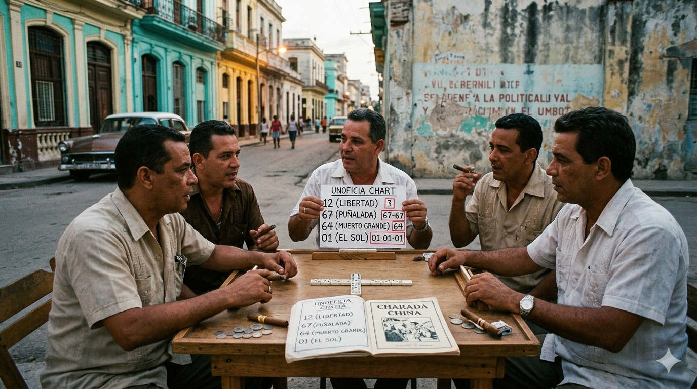 Cubanos en La Habana debatiendo números de la Charada y bolita: 12 (Libertad), 67 (Puñalada), 64 (Muerto Grande) y 01 (El Sol), sobre una mesa de dominó en la calle al atardecer.