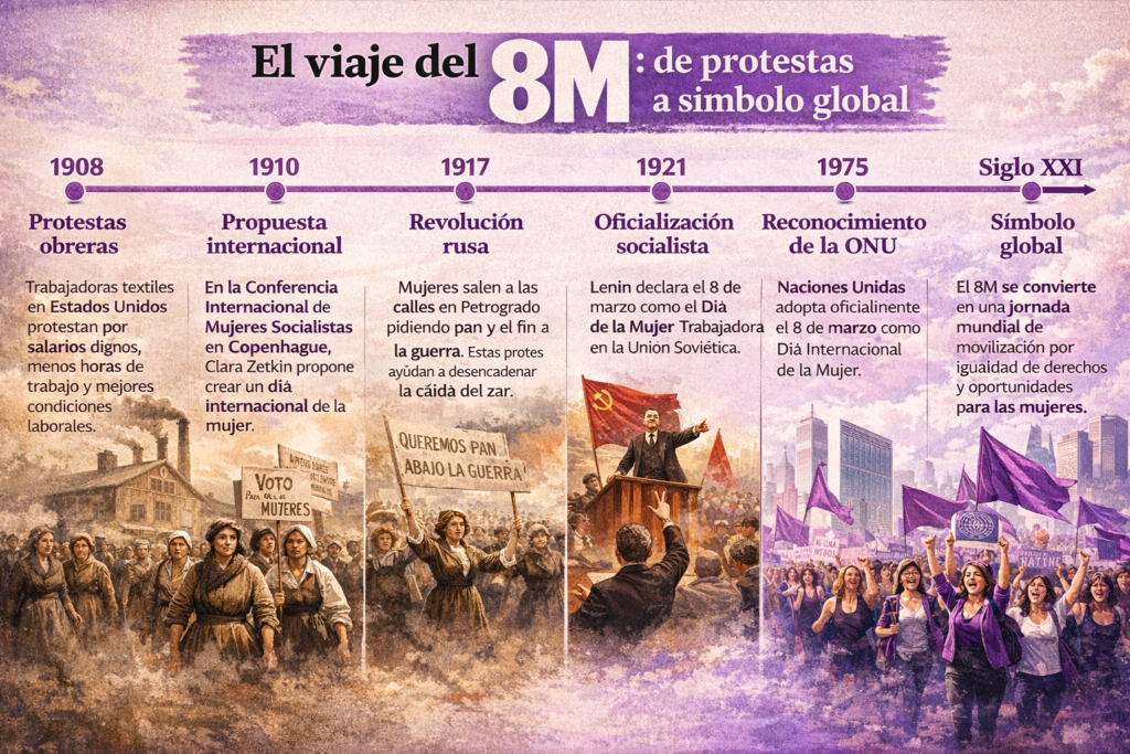 Infografía del 8M que muestra una línea del tiempo desde las protestas obreras de 1908, la propuesta de Clara Zetkin en 1910, la revolución rusa de 1917, su oficialización socialista en 1921, el reconocimiento de la ONU en 1975 y su evolución como símbolo global en el siglo XXI.