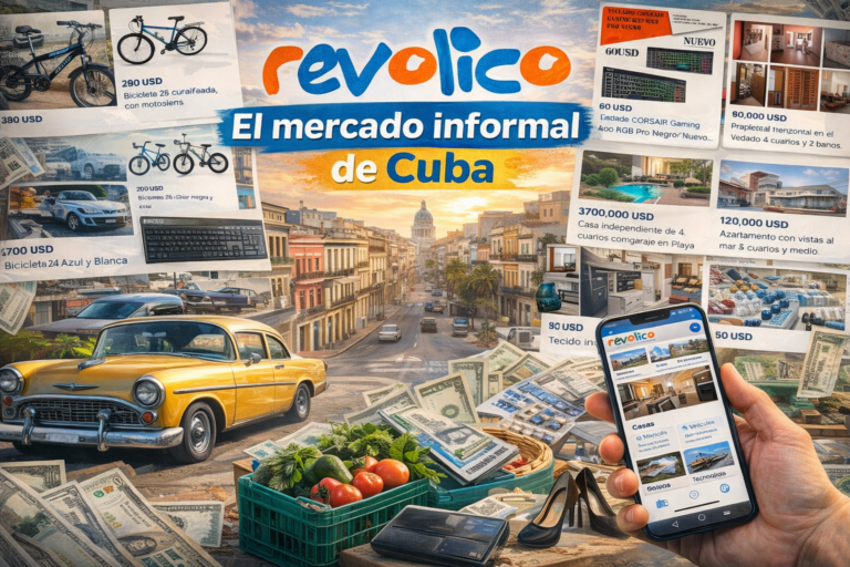 Collage representando Revolico, el mayor portal de anuncios clasificados en Cuba, con ejemplos de bicicletas, casas, tecnología y productos vendidos en el mercado informal cubano.