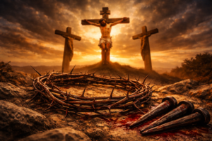 Corona de espinas en primer plano con clavos ensangrentados y al fondo las tres cruces de la crucifixión de Jesús durante la Semana Santa