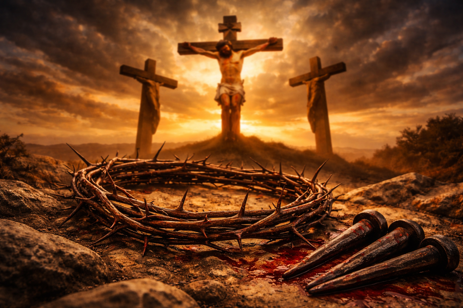 Corona de espinas en primer plano con clavos ensangrentados y al fondo las tres cruces de la crucifixión de Jesús durante la Semana Santa