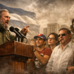 Fidel Castro hablando desde una tribuna ante una multitud diversa que representa distintos tipos de comunistas, con bandera cubana de fondo y ambiente político tenso.