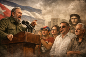 Fidel Castro hablando desde una tribuna ante una multitud diversa que representa distintos tipos de comunistas, con bandera cubana de fondo y ambiente político tenso.