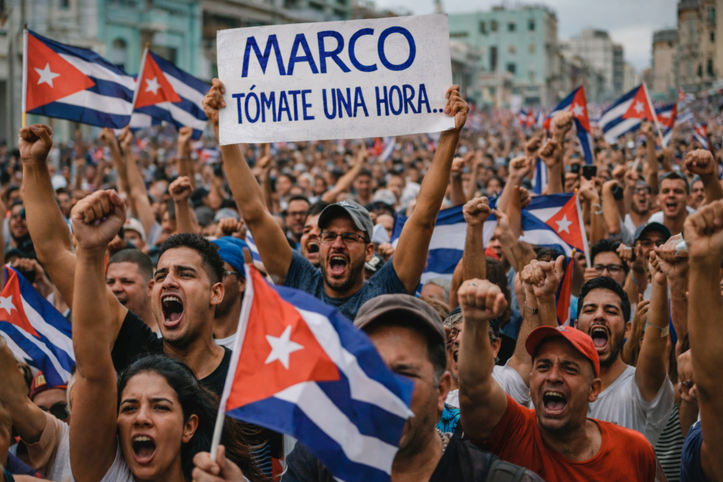 La hora de Marco Rubio: ¿un nuevo acuerdo para la libertad de Cuba? 7 protesta del pueblo cubano exigiendo libertad de Cuba con cartel dirigido a Marco Rubio