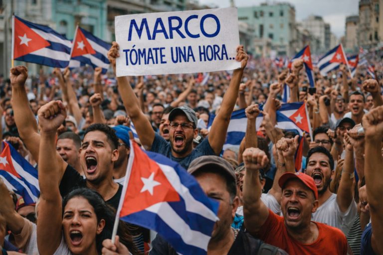 protesta del pueblo cubano exigiendo libertad de Cuba con cartel dirigido a Marco Rubio