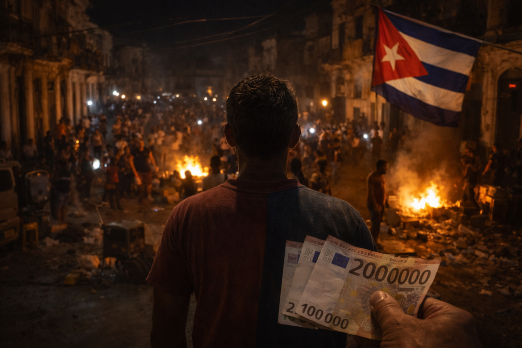 Multitud en la oscuridad en Cuba con fogatas, mientras se muestran euros en primer plano.